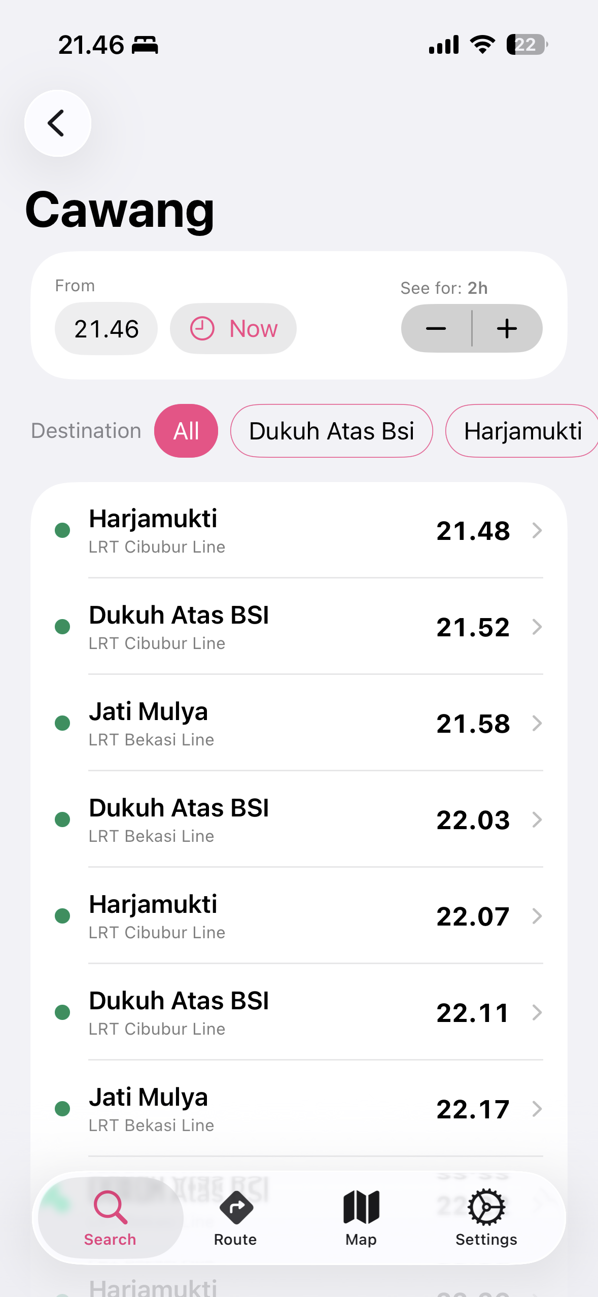 LRT Jabodebek schedule view